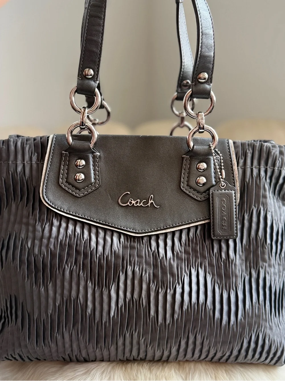 Coach Ashley Ruched Leather Shoulder Bag in Charcoal